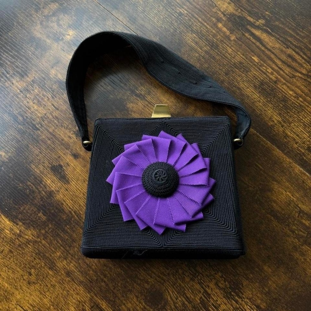 Lafaye Vintage Corded Handbag Black Purple Rosette Top Handle
